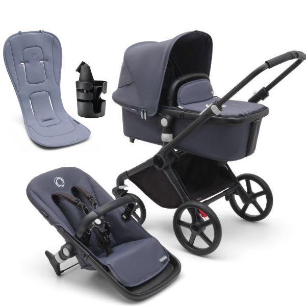 Bugaboo Fox Cub Complete Pram Black/Stormy Blue-Stormy Blue with Bugaboo Cup Holder and Dual Seat Liner