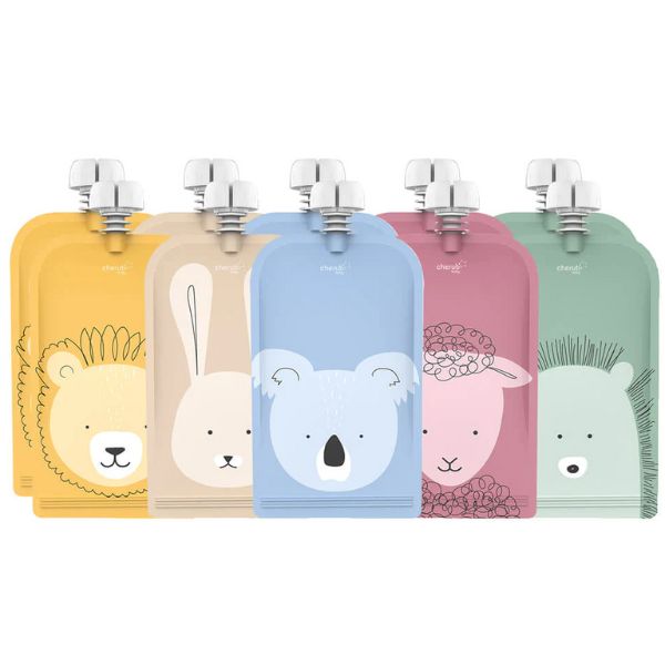 Cherub Baby On The Go Reusable Food Pouches Animal Set 150ml 10pk