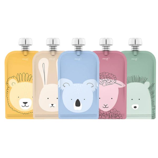 Cherub Baby On The Go Reusable Food Pouches Animal Set 150ml 5pk