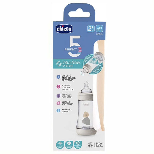 Chicco Perfect5 Silicone Bottle 240ml Medium Flow 2m+ Natural