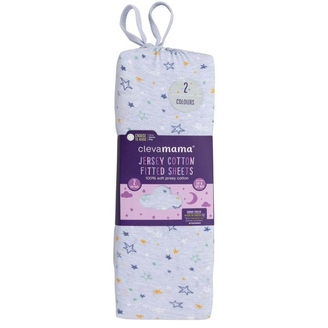 ClevaMama Jersey Cotton Fitted Sheets One Size Cot & Cot Bed 2pk Blue