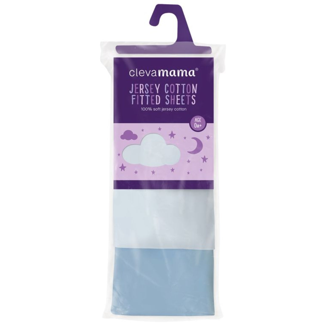 ClevaMama Jersey Cotton Fitted Sheets Cot Bed 2pk Blue