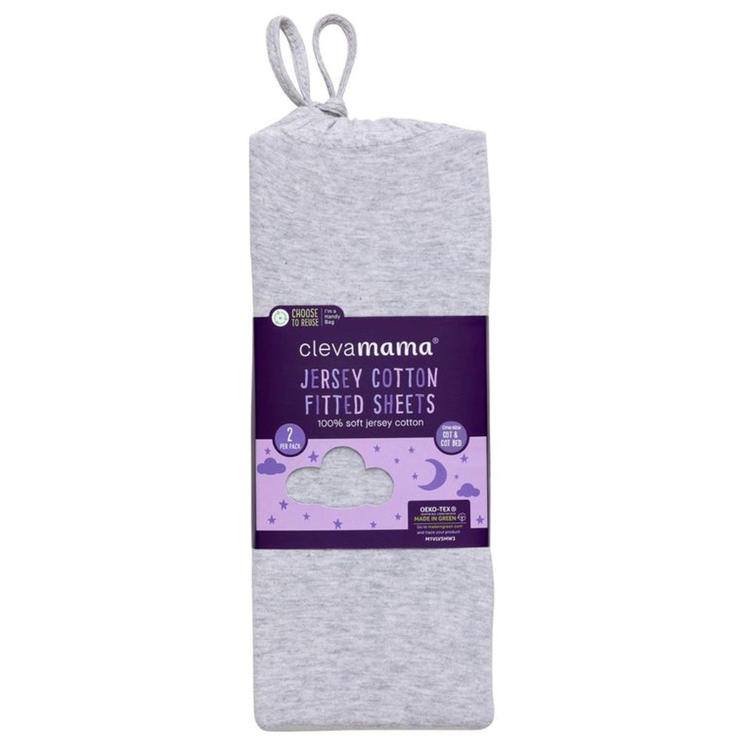 ClevaMama Jersey Cotton Fitted Sheets One Size Cot & Cot Bed 2pk Melange Grey