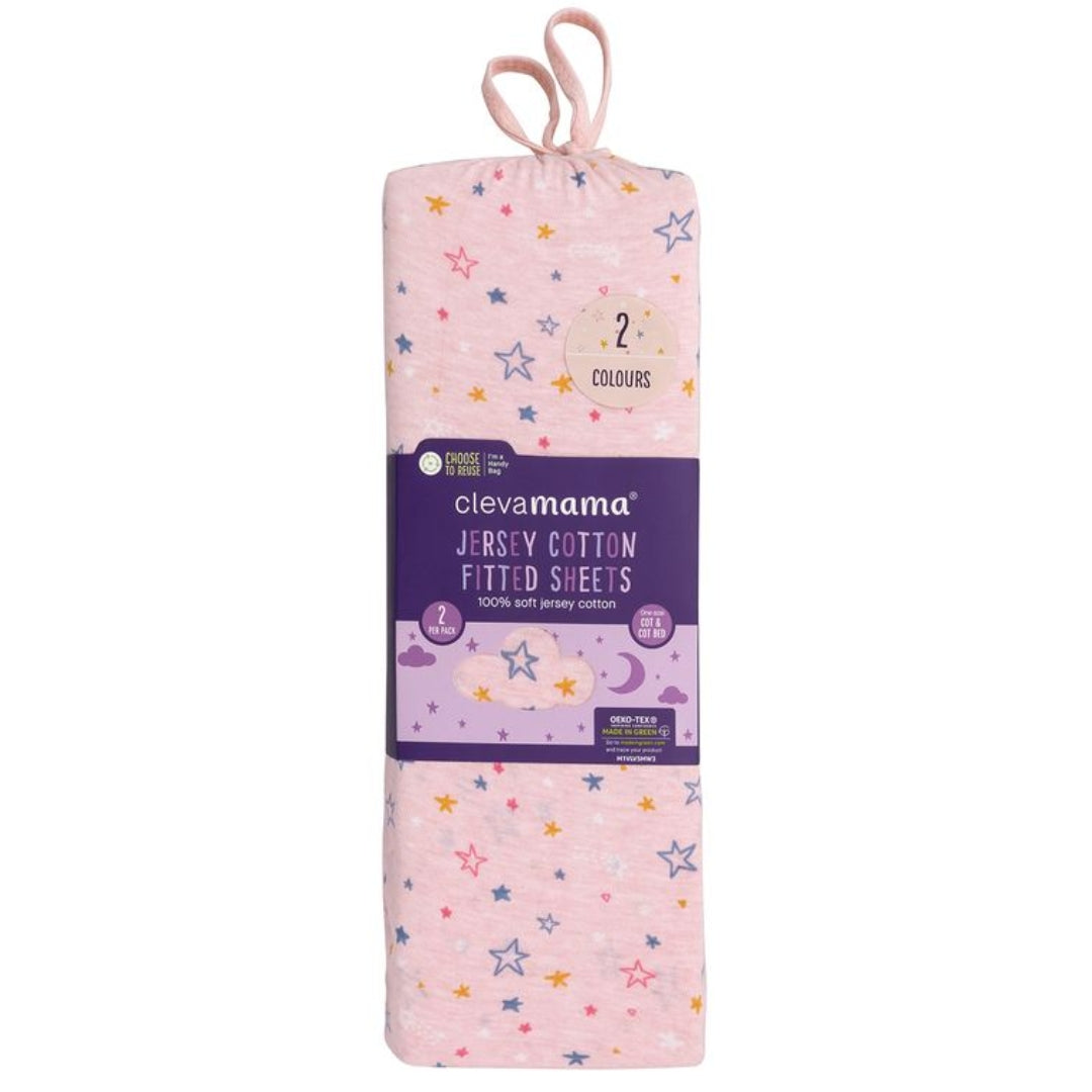 ClevaMama Jersey Cotton Fitted Sheets One Size Cot & Cot Bed 2pk Pink