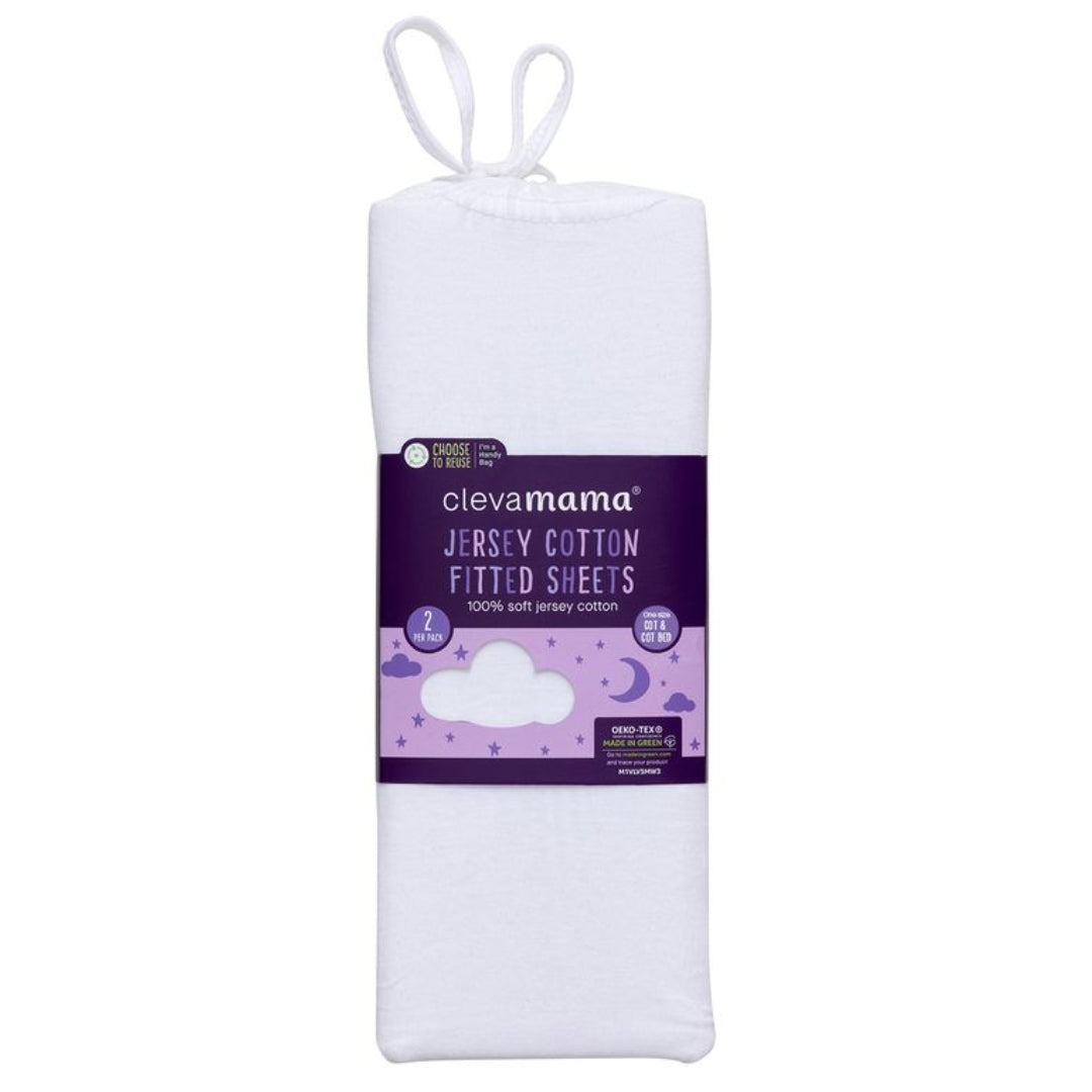 ClevaMama Jersey Cotton Fitted Sheets One Size Cot & Cot Bed 2pk White
