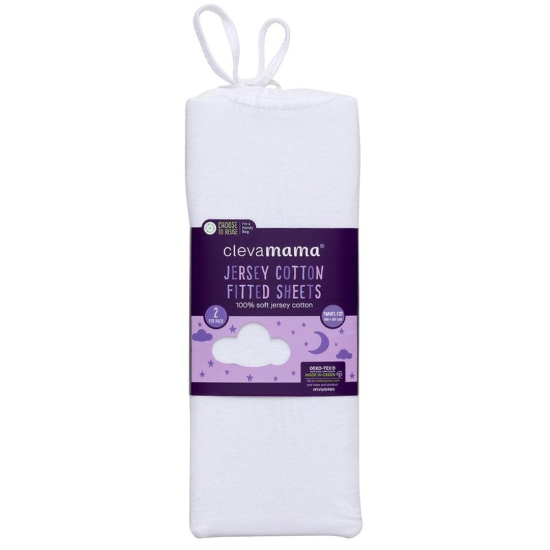 ClevaMama Jersey Cotton Fitted Sheets Travel Cot 2pk White