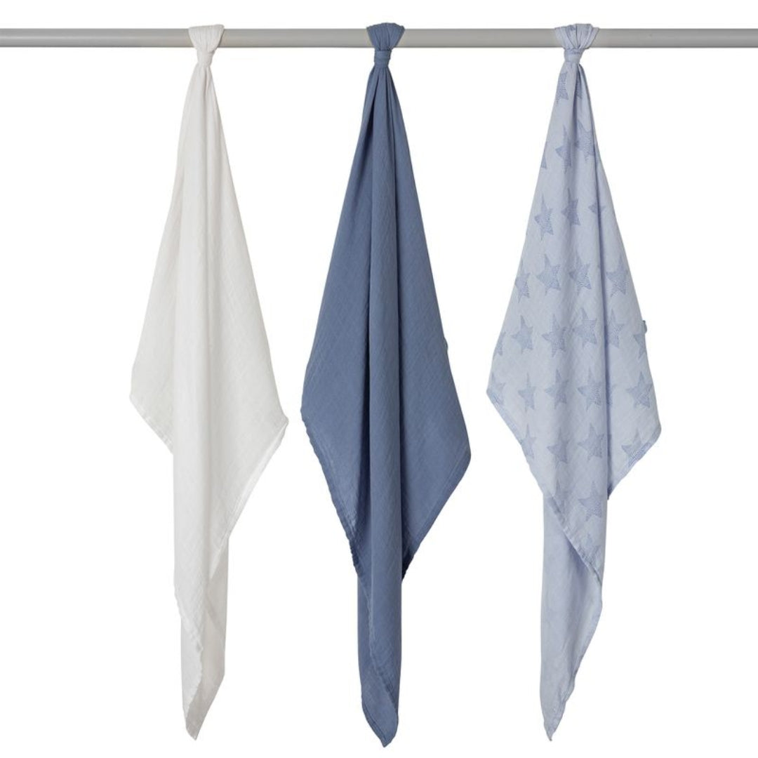 ClevaMama Muslin Cloth Set - Super Soft Bamboo & Cotton 3 Pack Blue