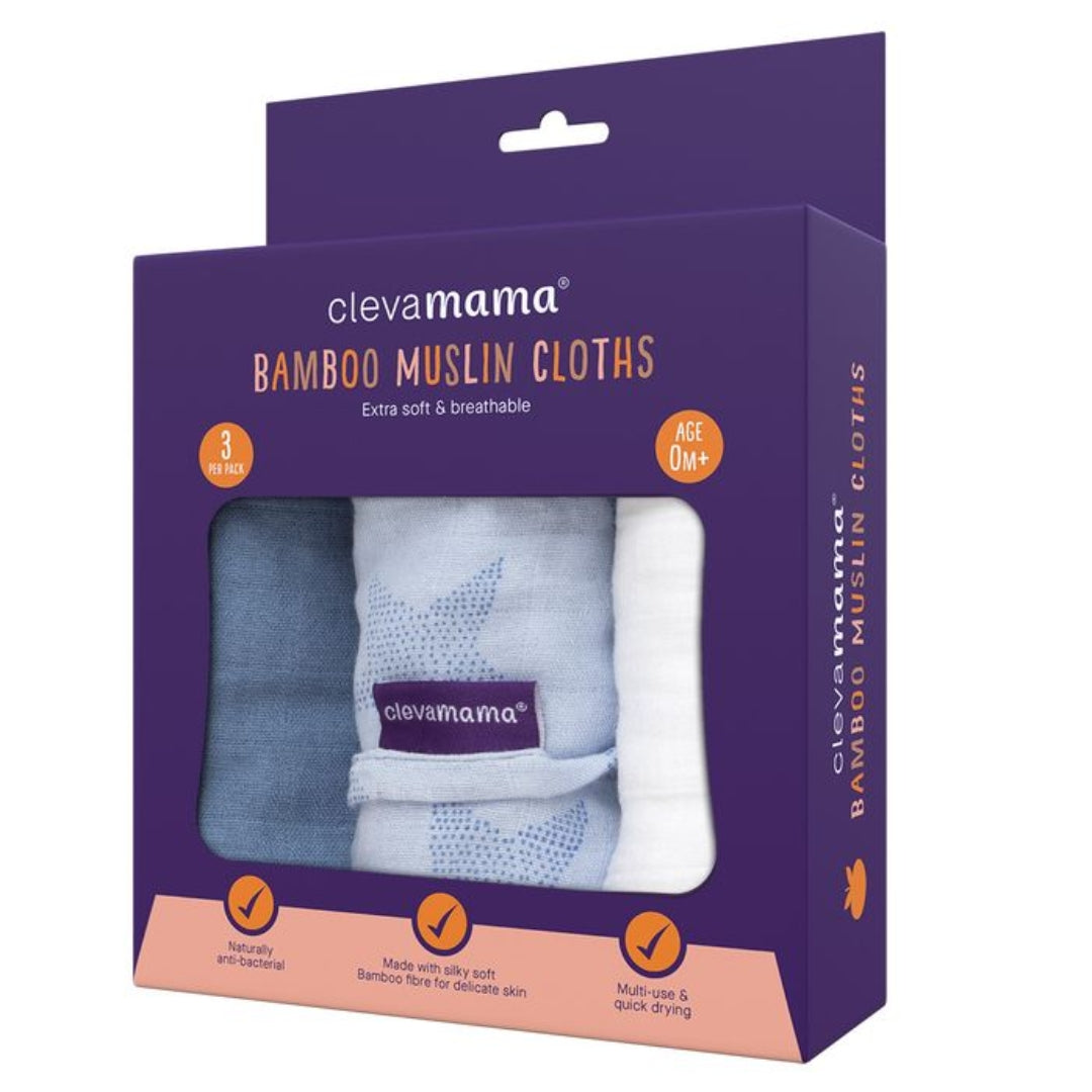ClevaMama Muslin Cloth Set - Super Soft Bamboo & Cotton 3 Pack Blue