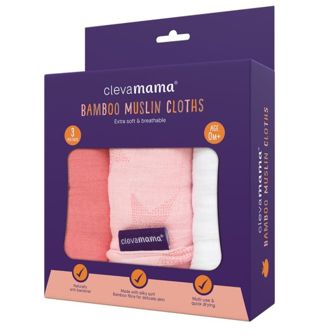 ClevaMama Muslin Cloth Set - Super Soft Bamboo & Cotton 3 Pack Pink