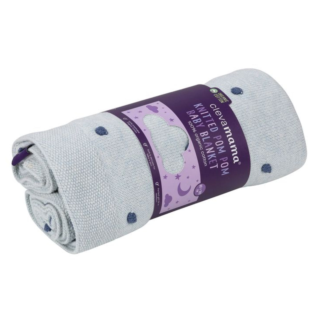 ClevaMama Knitted Pom Pom Baby Blanket Organic Cotton Blue