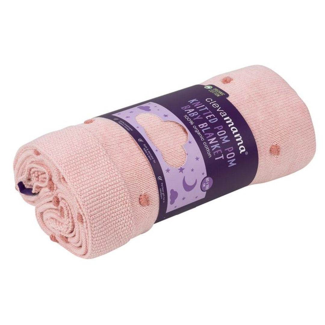 ClevaMama Knitted Pom Pom Baby Blanket Organic Cotton Pink