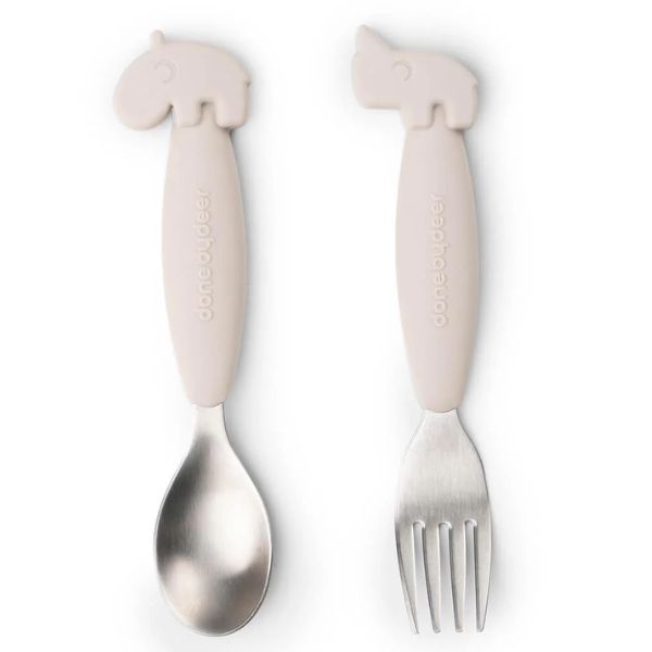 Done By Deer Easy-Grip Spoon and Fork Set Deer Friends Sand