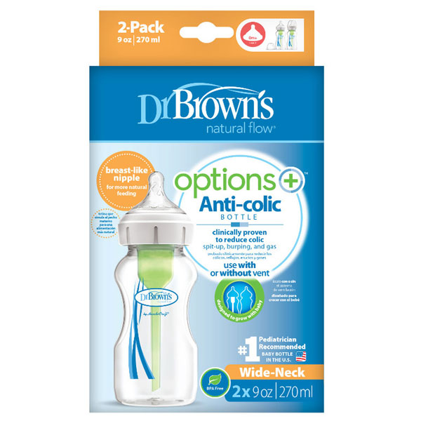 Dr Brown’s 270 ml Wide Neck Feeding Bottle Options+ with Level 1 Teat 2 Pack