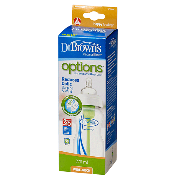 Dr Brown’s 270 ml Wide Neck Feeding Bottle Options+ with Level 1 Teat 1Pack
