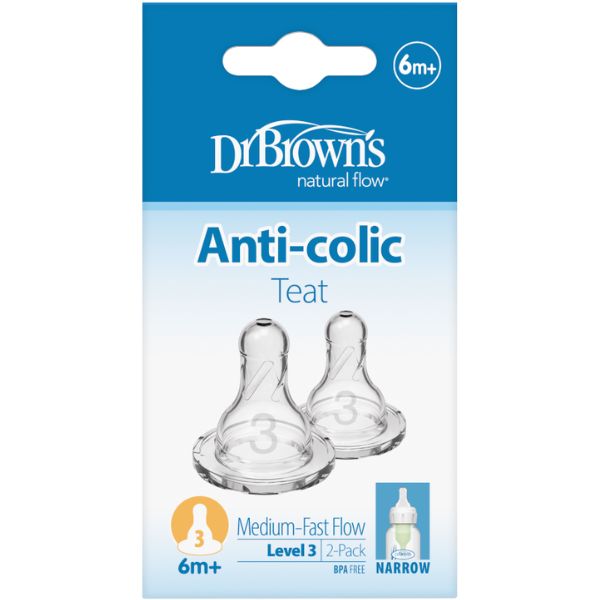 Dr Brown's Level 3 Anti Colic Narrow Neck Teat Medium/Fast Flow 6m+ 2pack