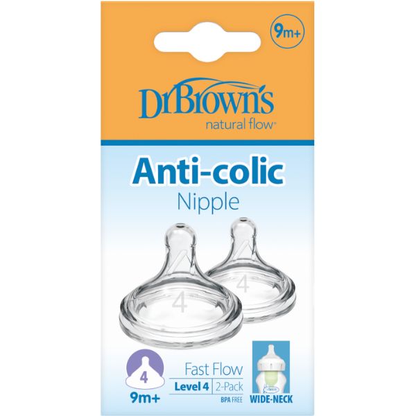Dr Brown's Level 4 Anti Colic Wide Neck Options+ Teat Fast Flow 9m+ 2-Pack