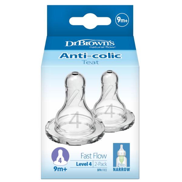 Dr Brown's Level 4 Anti Colic Narrow Neck Teat Fast Flow 9m+ 2 Pack