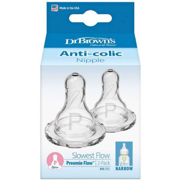 Dr Brown's Preemie Anti Colic Narrow Neck Teat Slowest Flow 0m+ 2Pack