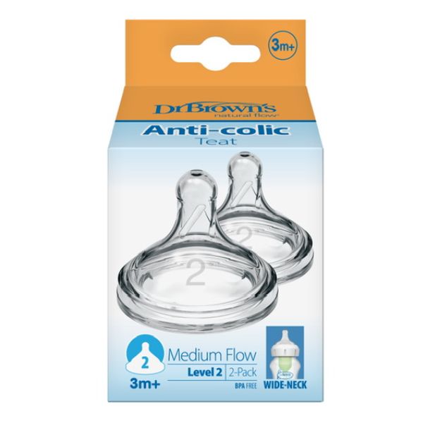 Dr Brown's Level 2 Anti Colic Wide Neck Options+ Teat Medium Flow 3m+ 2pk