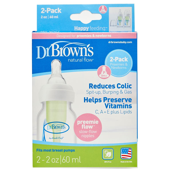 Dr Brown's 60ml Narrow OPTIONS Bottle/Preemie Teats 2 Pack