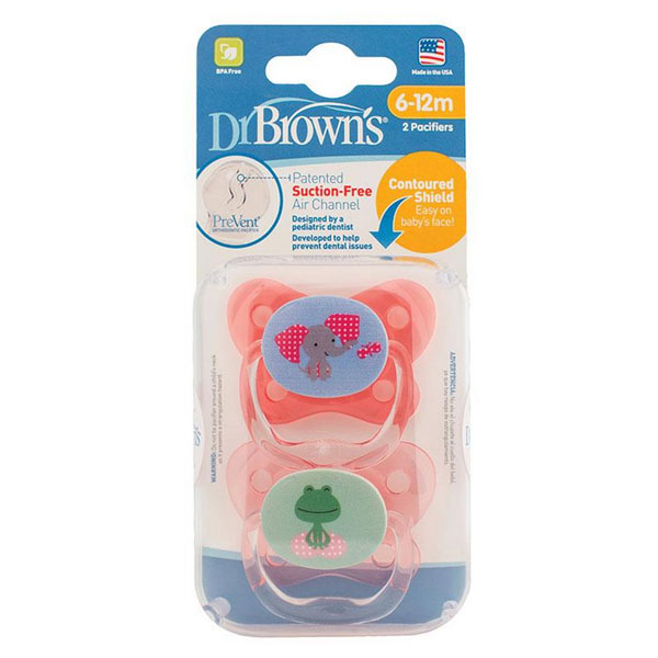 Dr Brown's PreVent Contoured Shield Pacifier Girls Stage 2 6-12months 2 Pack