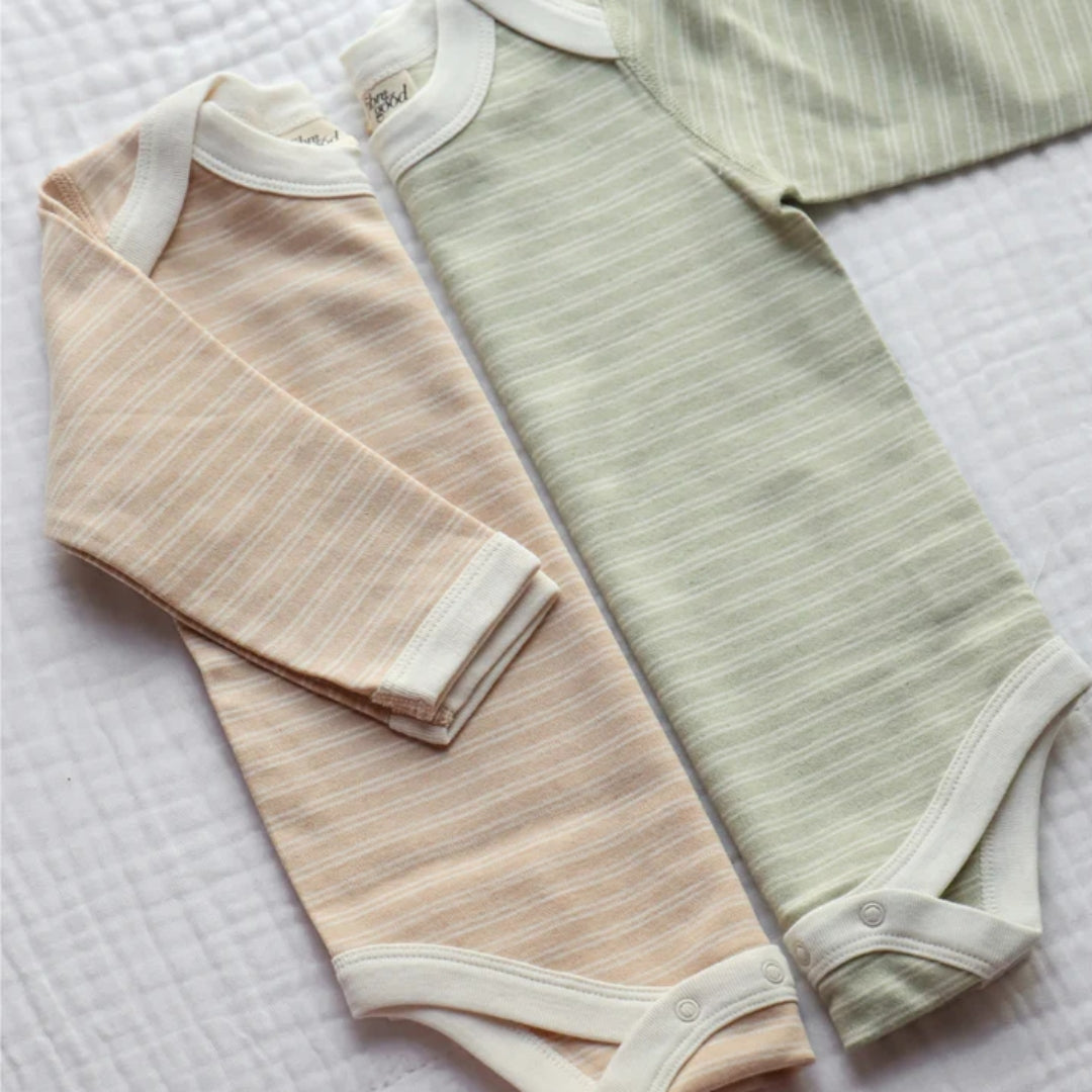 Fibre For Good Undyed Organic Cotton Double Stripe Long Sleeve Bodysuit Sage/Natural