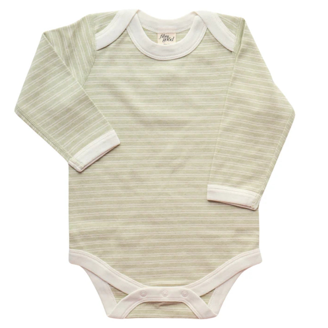 Fibre For Good Undyed Organic Cotton Double Stripe Long Sleeve Bodysuit Sage/Natural