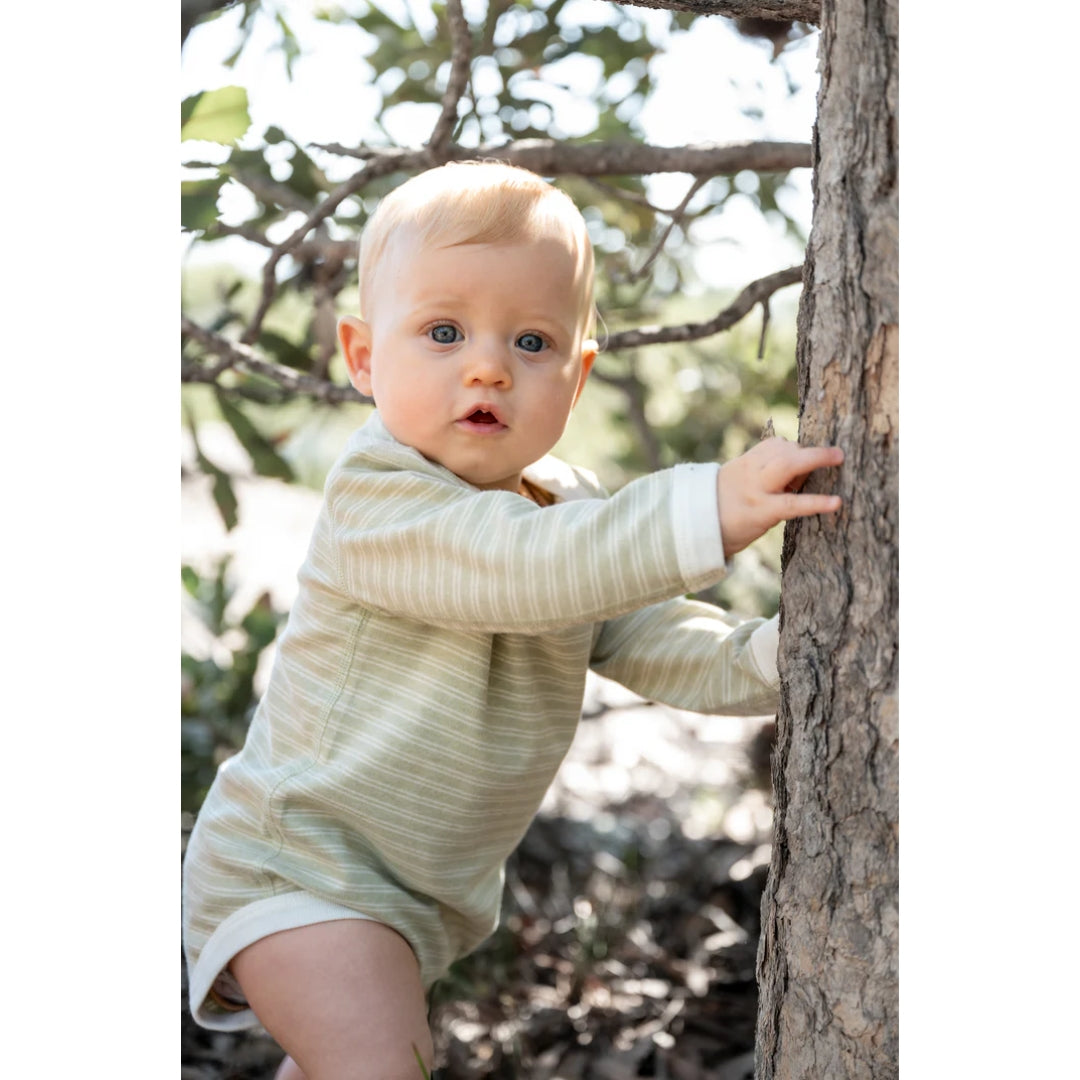 Fibre For Good Undyed Organic Cotton Double Stripe Long Sleeve Bodysuit Sage/Natural