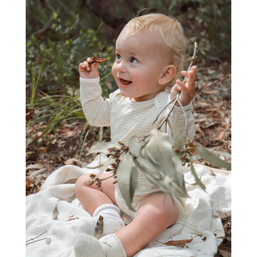 Fibre For Good Undyed Organic Cotton Long Sleeve Jersey Stripe Bodysuit Sage/Natural