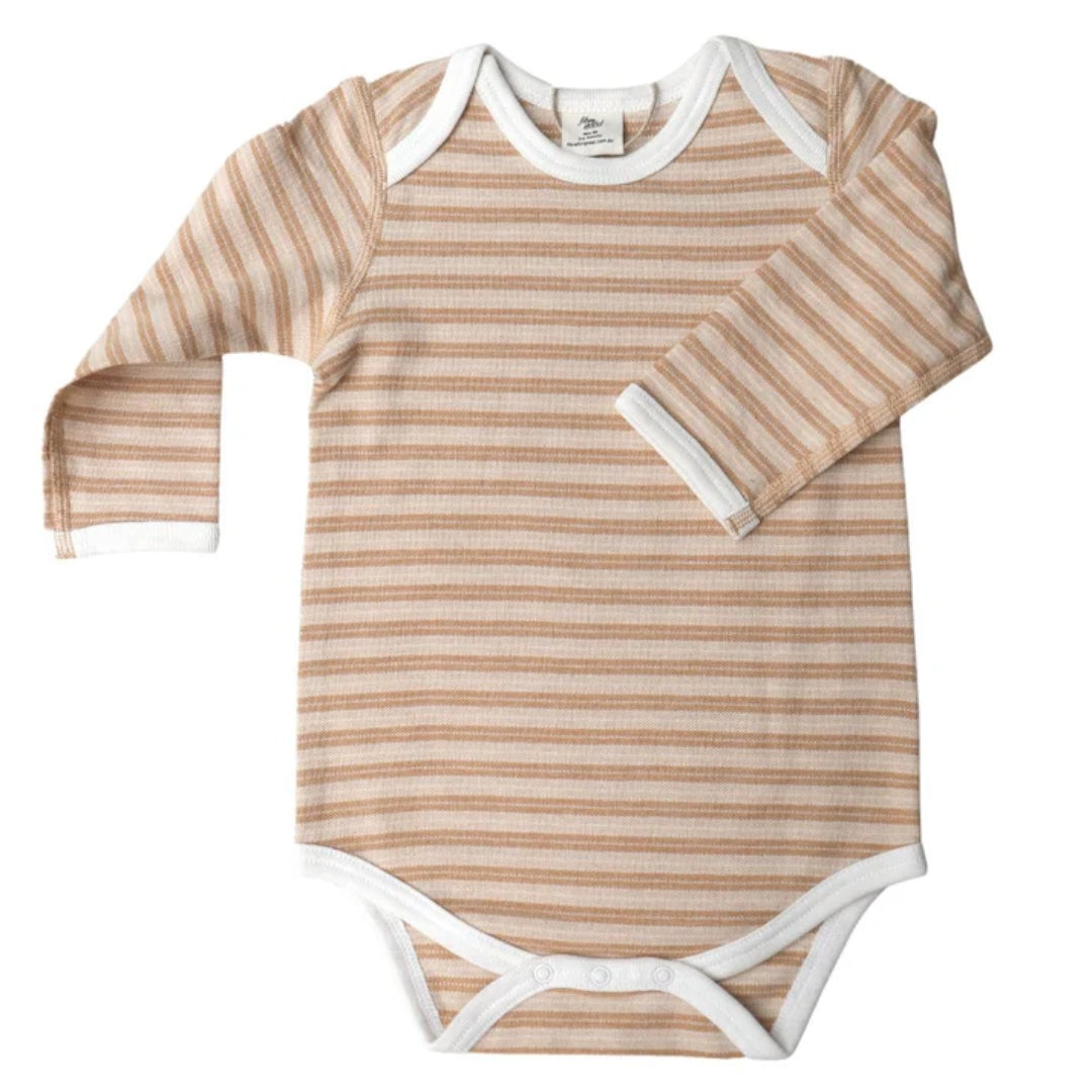 Fibre For Good Undyed Organic Cotton Pique Stripe Long Sleeve Bodysuit Brown/Natural