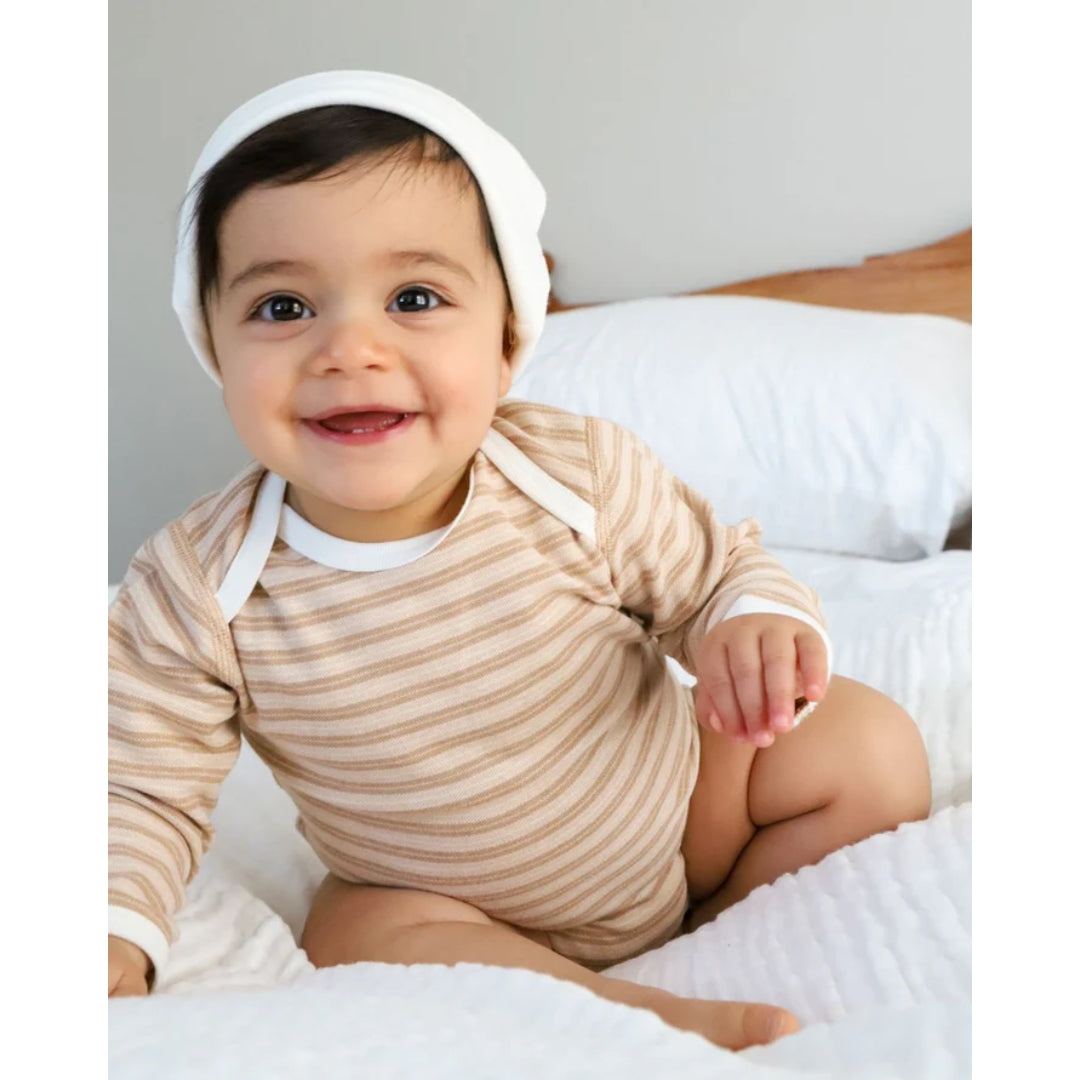 Fibre For Good Undyed Organic Cotton Pique Stripe Long Sleeve Bodysuit Brown/Natural
