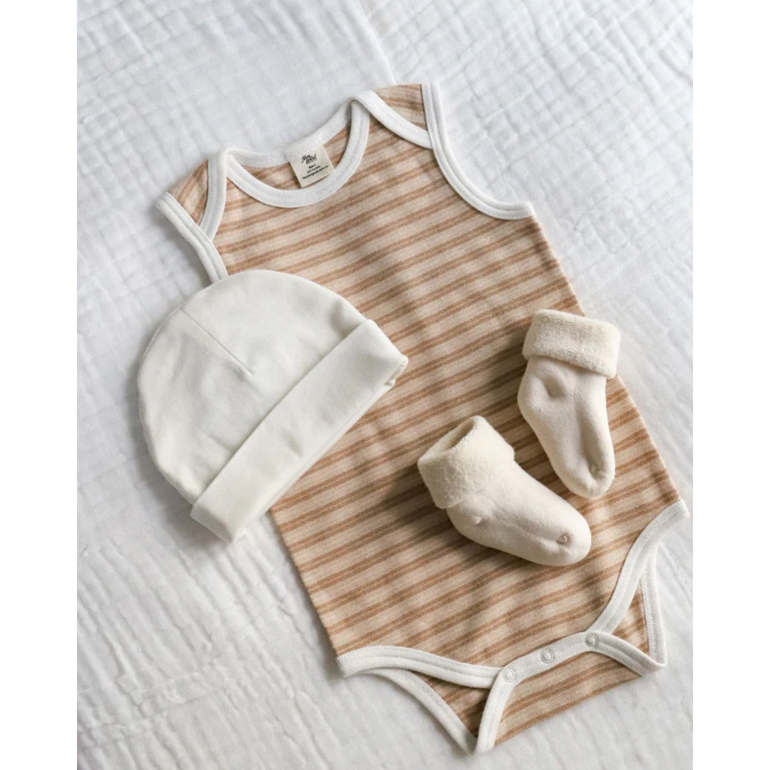 Fibre For Good Undyed Organic Cotton Pique Stripe Bodysuit Brown/Natural