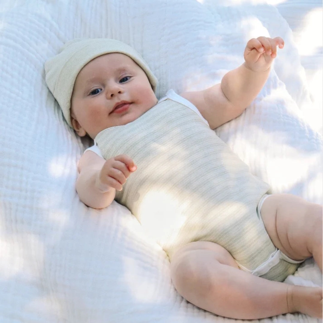 Fibre For Good Undyed Organic Cotton Pique Stripe Bodysuit Sage/Natural