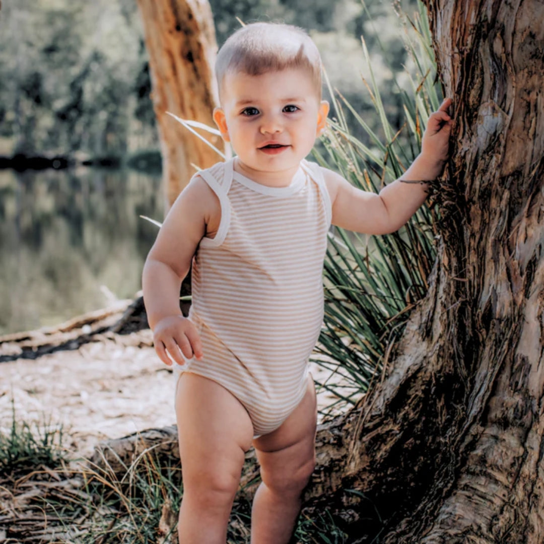 Fibre For Good Undyed Organic Cotton Stripe Jersey Bodysuit Brown/Natural