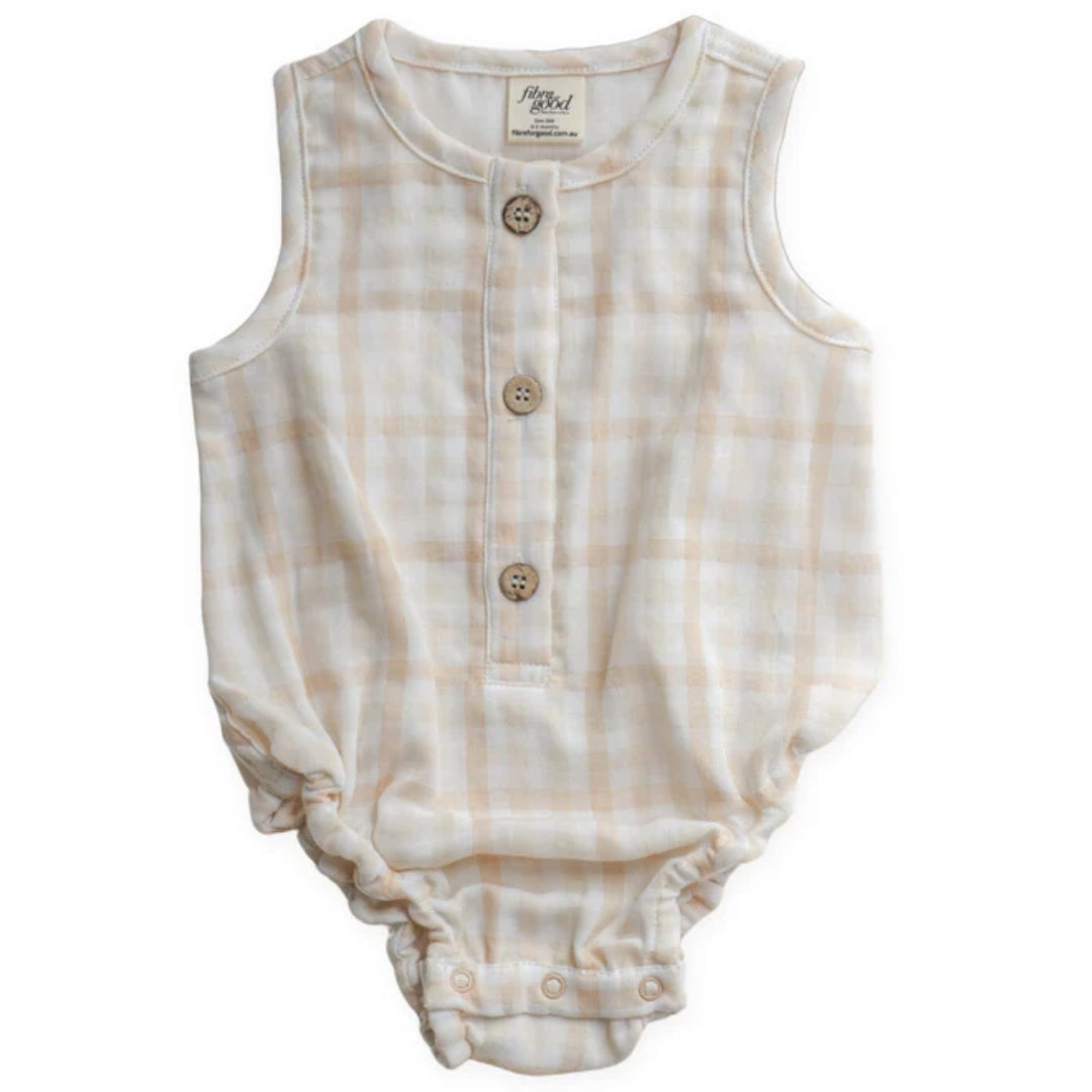 Fibre For Good Undyed Organic Cotton Check Sleeveless Bodysuit
