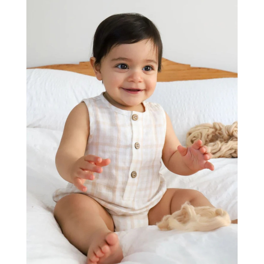 Fibre For Good Undyed Organic Cotton Check Sleeveless Bodysuit