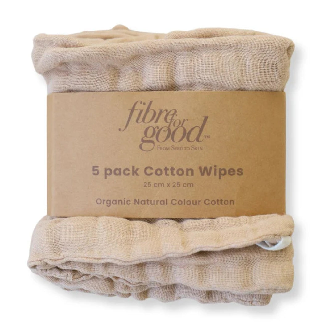 Fibre For Good Undyed Organic Cotton Reusable Wipes 5 Pack Brown