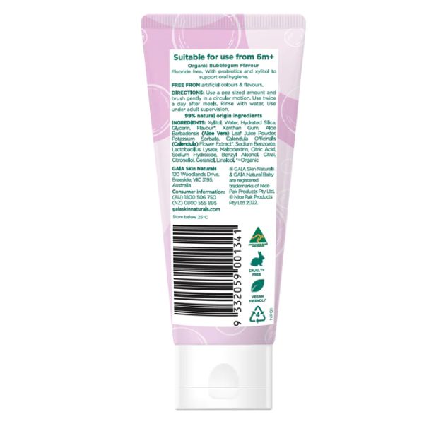 GAIA Natural Baby Probiotic Toothpaste Bubblegum 50g