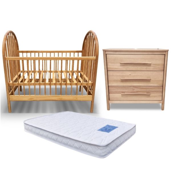 Gusto + Darcy Aphrodite Cot Maple Wash with Mattress & 3 Drawer Chest Package Deal