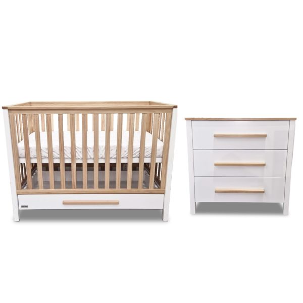 Gusto + Darcy Omorfi Cot White/Maple Wash with 3 Drawer Chest & Sweet Pea Standard Mattress Package Deal
