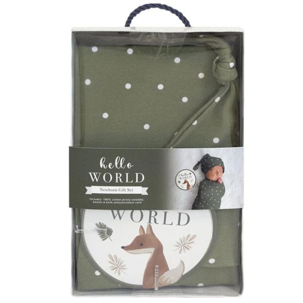 Living Textiles Hello World Newborn Gift Set Olive Spots