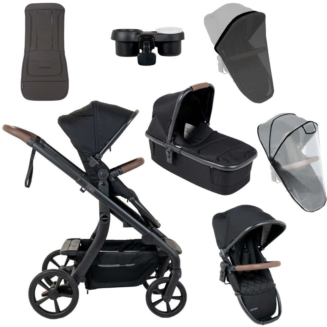 Love n Care Neo All-in-One Stroller Ebony with Carry Cot, Cup Holder, Mosquito Net, Rain Cover, Second Seat & Seat Liner