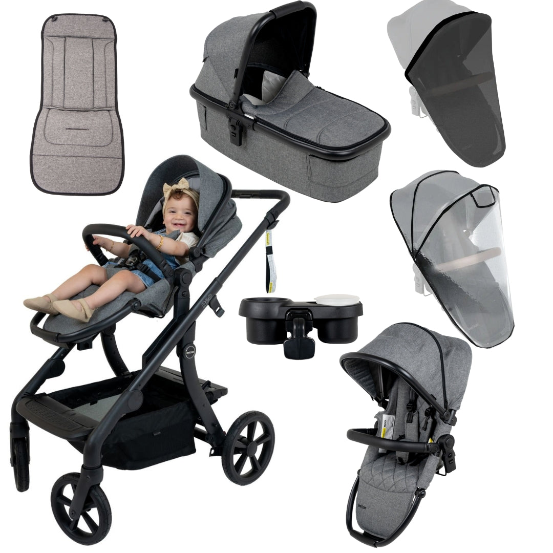 Love n Care Neo All-in-One Stroller Heathered Grey + Carry Cot, Cup Holder, Mosquito Net, Rain Cover, Second Seat & Seat Liner
