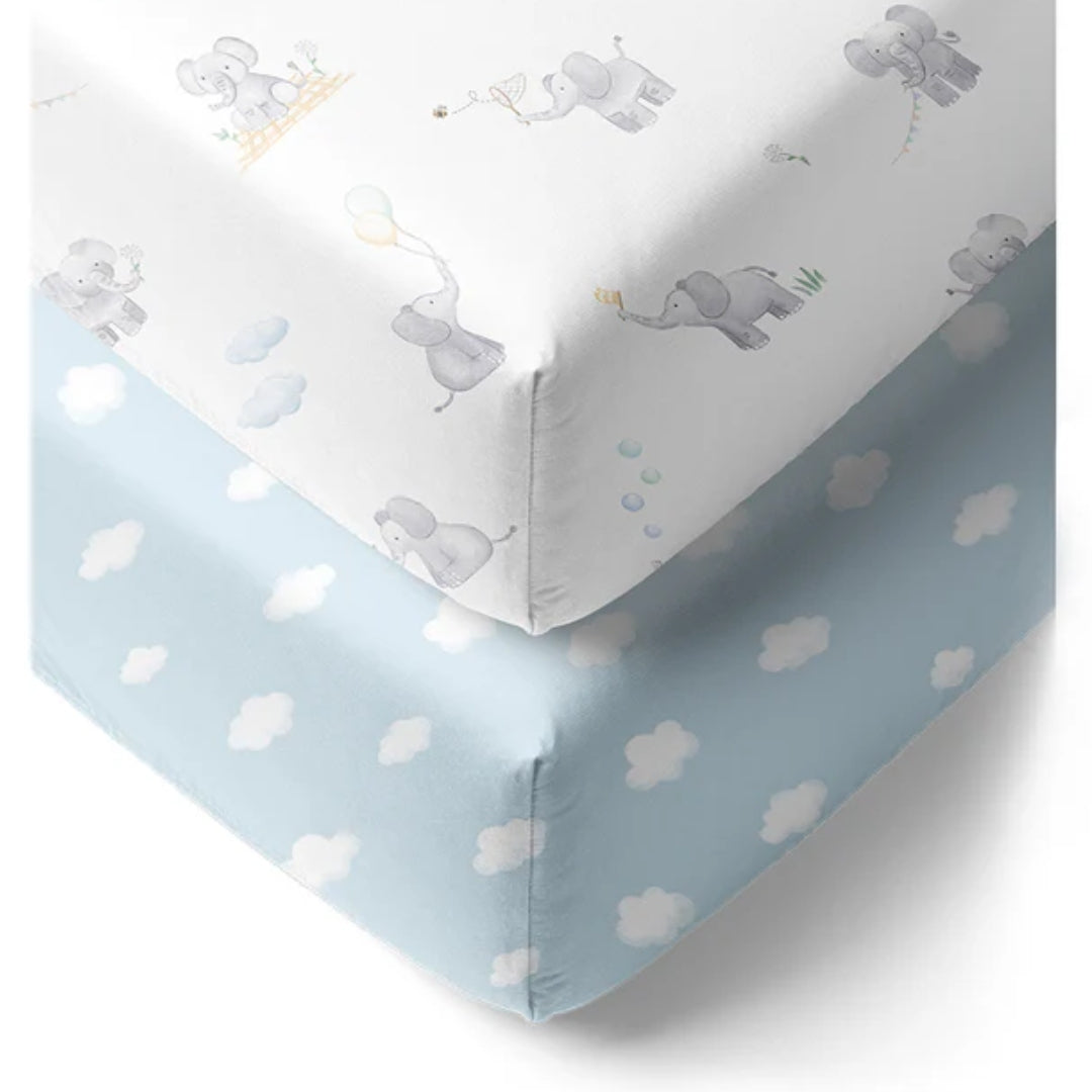 Living Textiles Cot Fitted Sheets 2pk Elephant Playtime