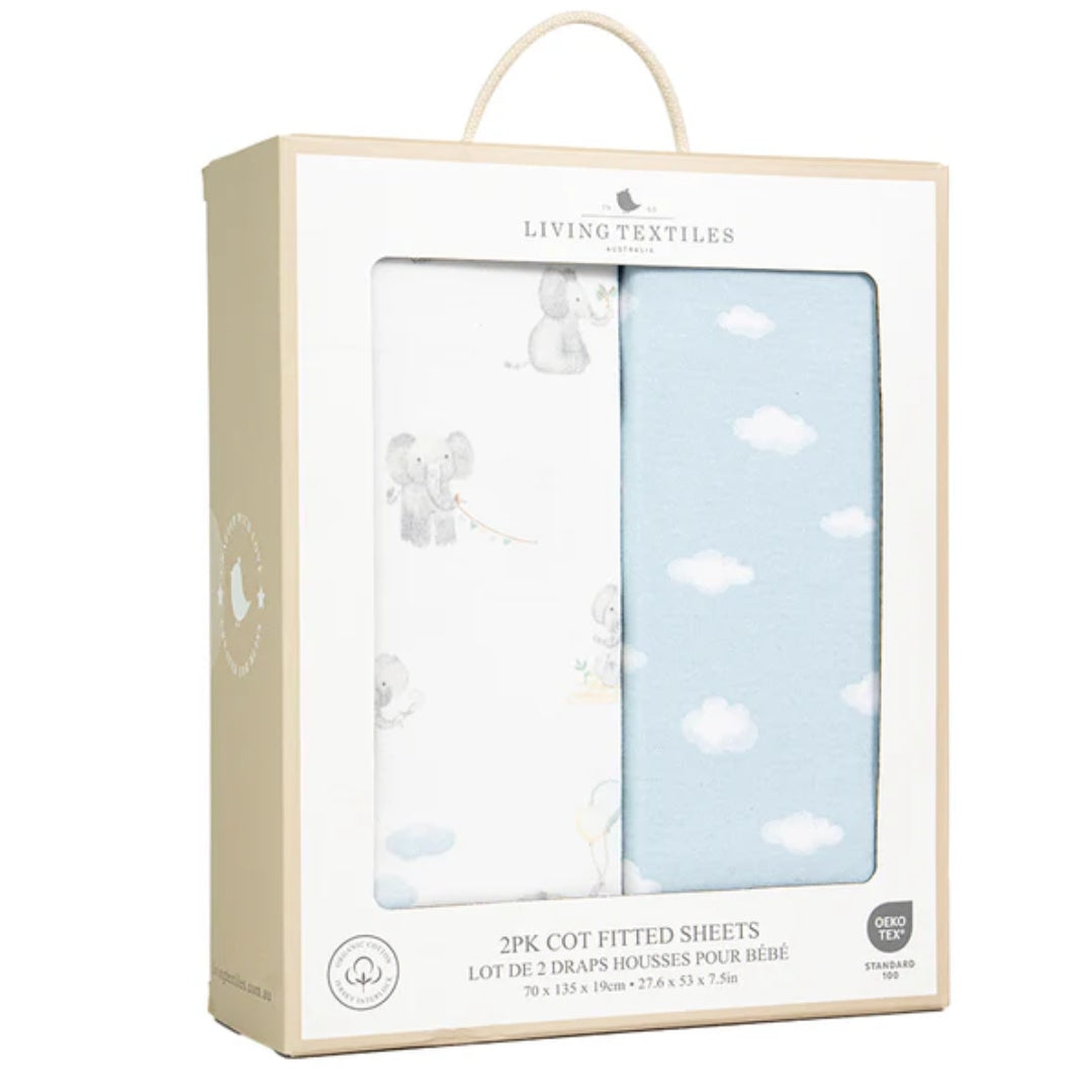 Living Textiles Cot Fitted Sheets 2pk Elephant Playtime