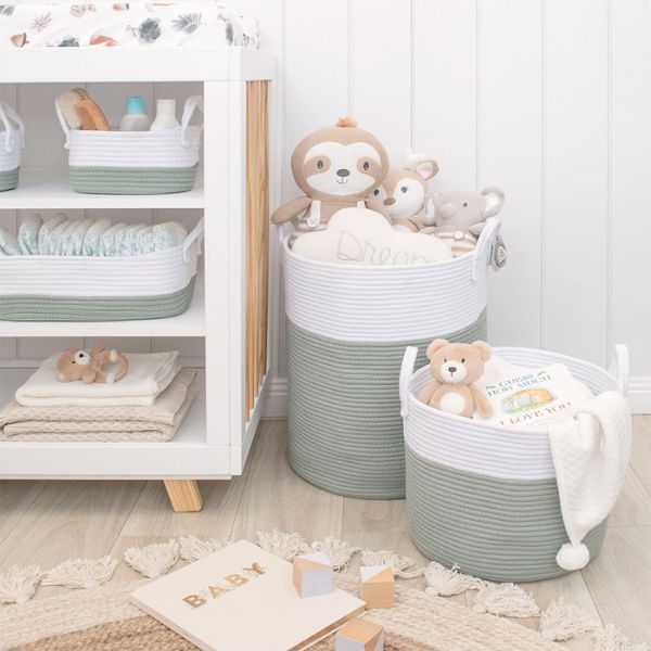 Living Textiles Medium Cotton Rope Hamper Sage/White