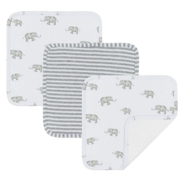 Living Textiles Washcloths 3pk Watercolour Elephant