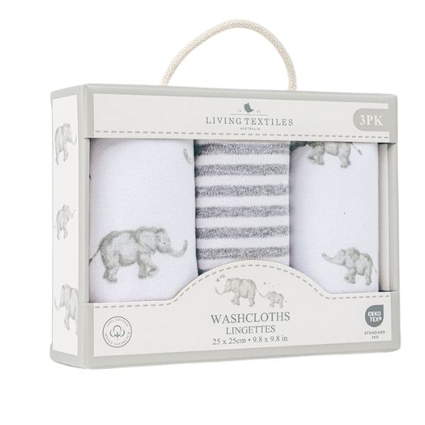 Living Textiles Washcloths 3pk Watercolour Elephant