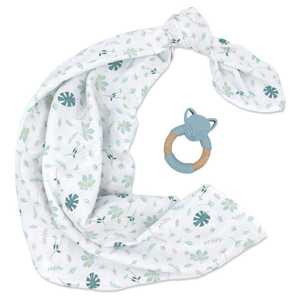 Living Textiles Organic Muslin Swaddle & Teether Gift Set Banana Leaf