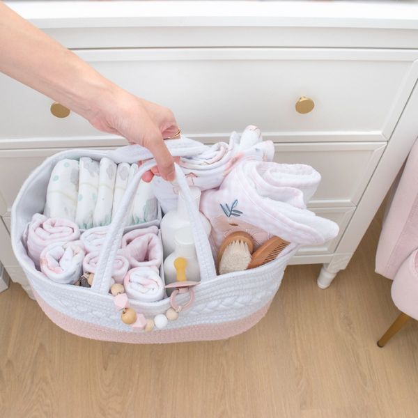 Living Textiles Cotton Rope Nappy Caddy with Divider Blush/White